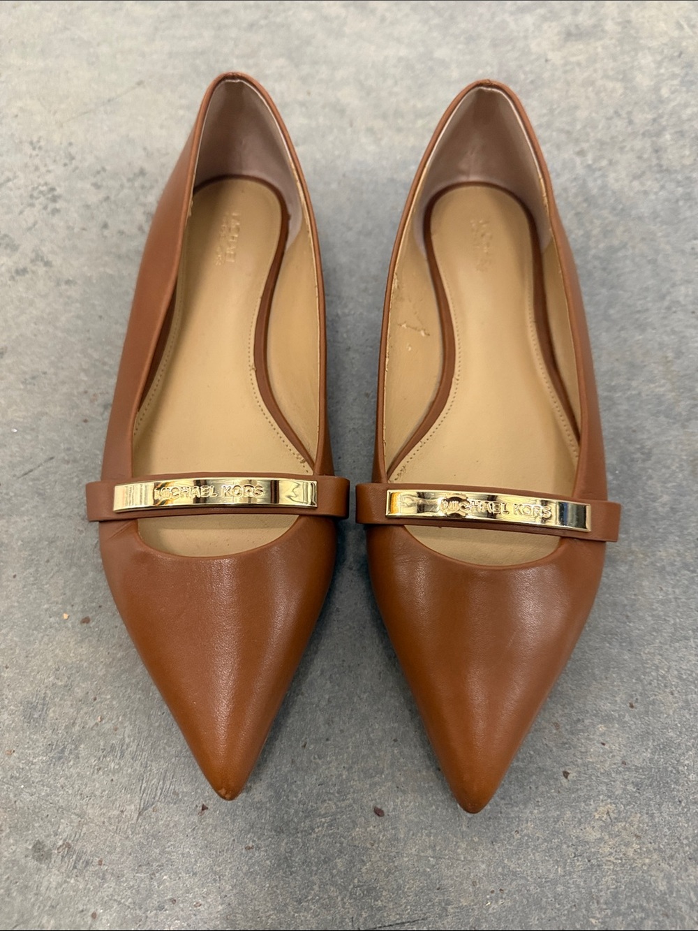 Michael Kors Brown Pointed Toe Flats with Gold Bar
